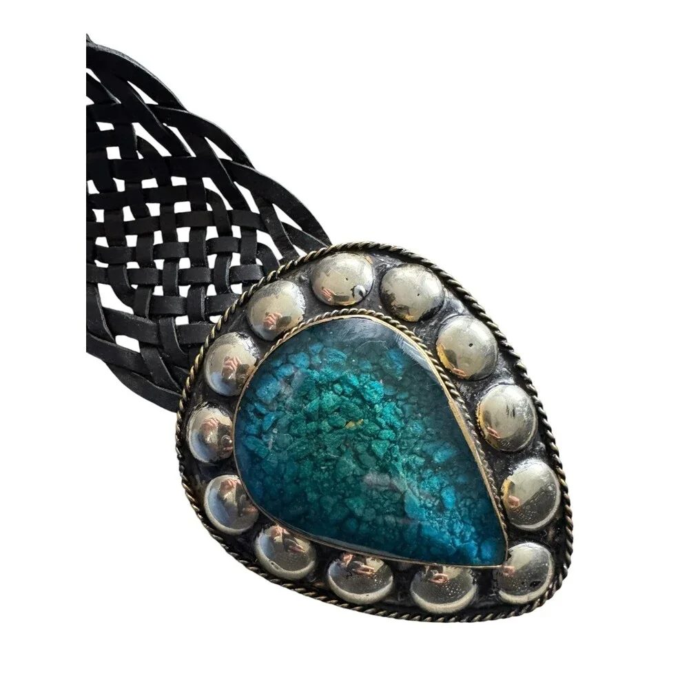 Vintage Black Braided Leather Extra Wide Statement belt Malachite Turquoise